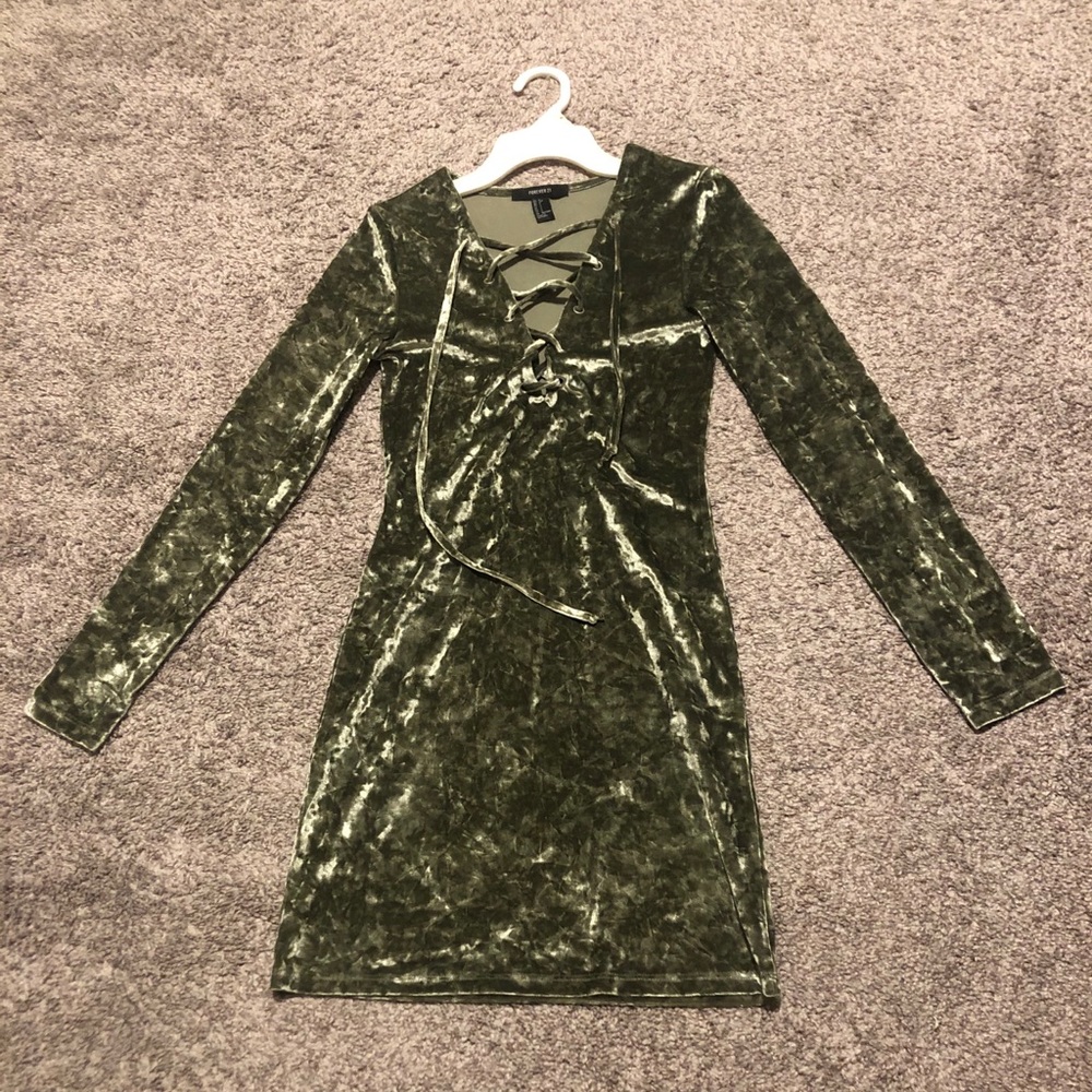 Green velvet lace up front dress